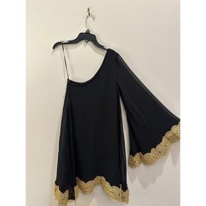Small Mestiza black one-shoulder dress bell sleeves gold lace trim hem/cuff